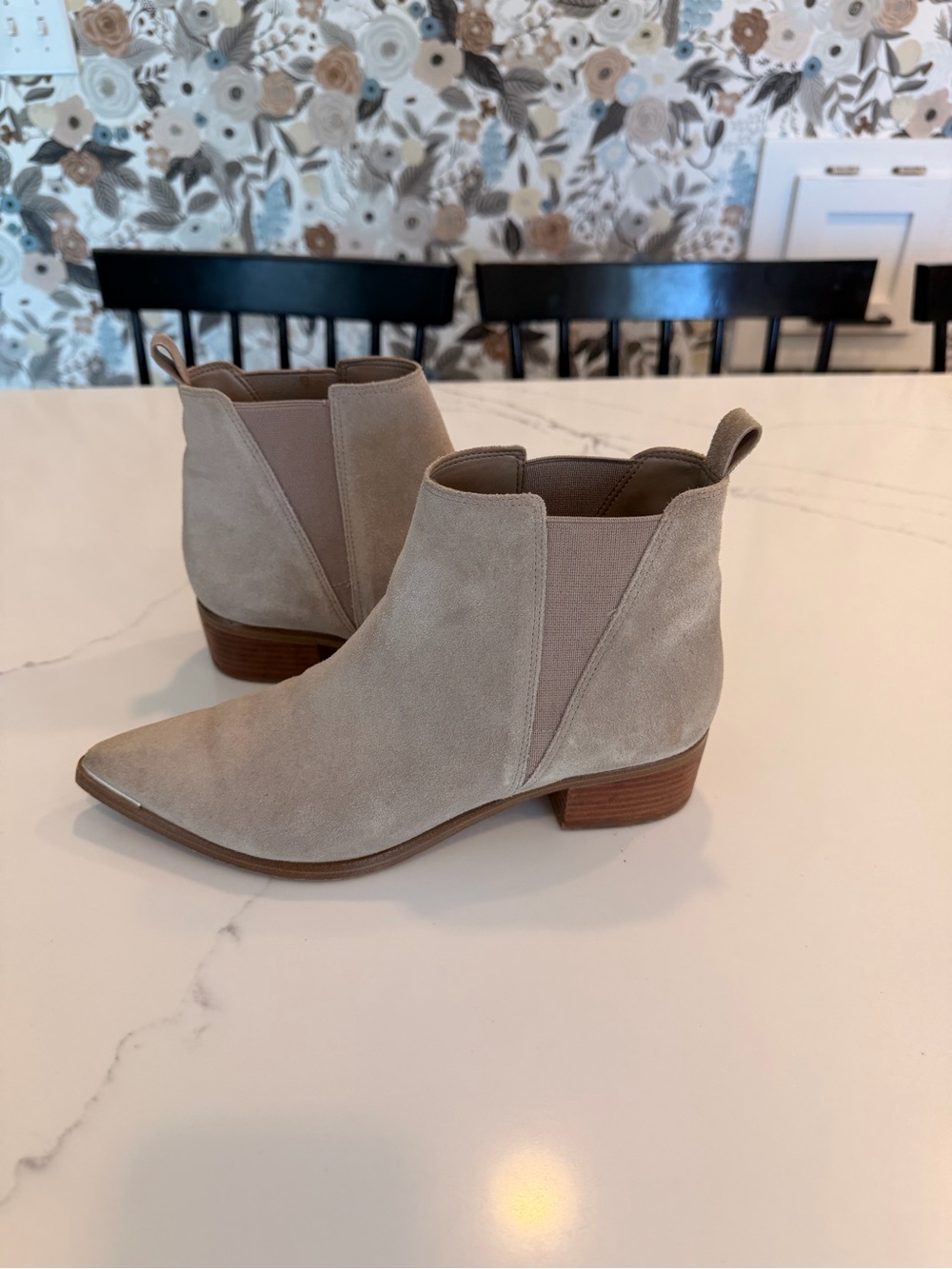 Marc Fisher Taupe Suede Pointed-Toe Chelsea Booties
